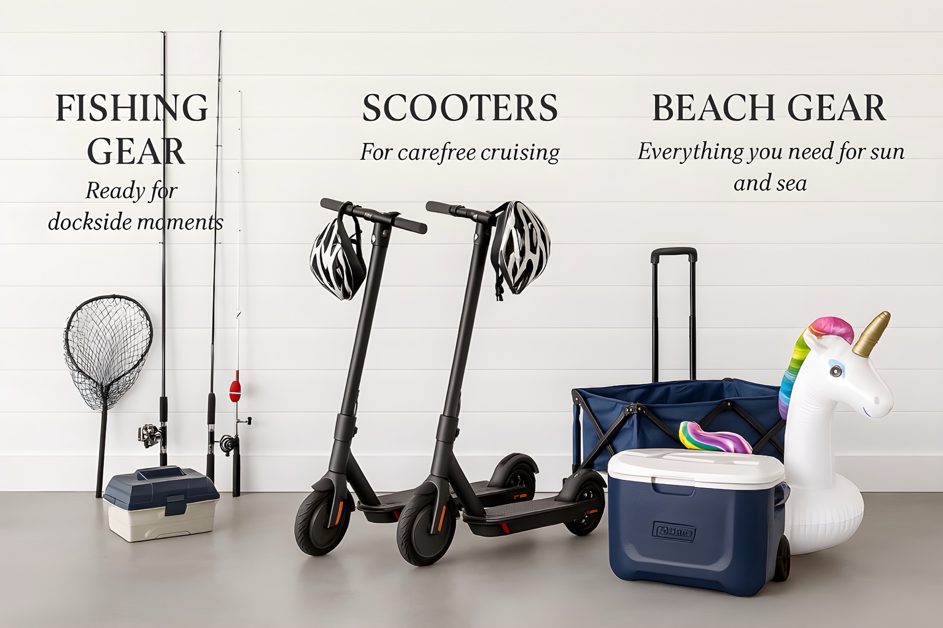 Provided electric scooters, fishing gear and beach gear wall at Tampa vacation home