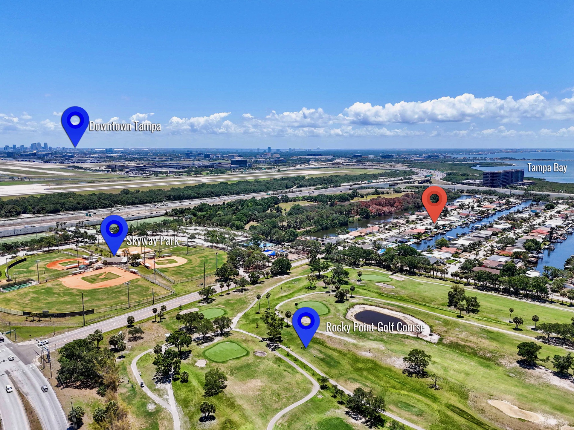 Aerial view of Rocky Point golf course and Tampa Bay attractions near the rental home